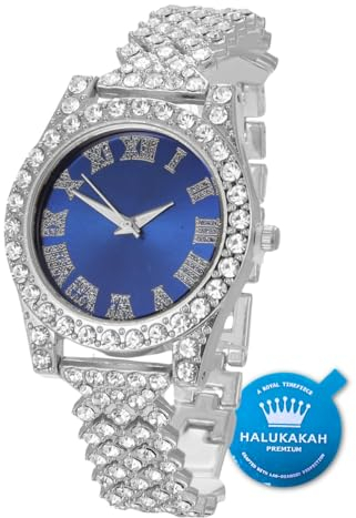 Halukakah Diamanten Gold Uhr,Kinder Platinplattiert Weißgold 36MM Breite Blau Zifferblatt Quarz Armband 20cm,Kostenlose Geschenkbox
