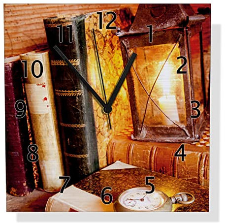 Wallario Design Wanduhr Antike Laterne mit Kerze Alten Büchern und Taschenuhr aus Aluverbund, Alu-Uhr Größe 30 x 30 cm, Schwarze Zeiger mit Metalloptik