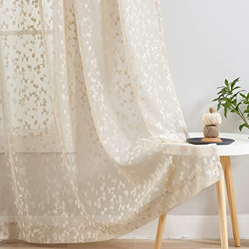 Lace Sheer Curtains Beige for Bedroom Elegant Floral Rod Pocket Living Room Curtain Panels Knitted Leaf Patterned Light Filtering Privacy Airy Semi Sheer Window Treatment Sets, 52W x 90L, 2pcs