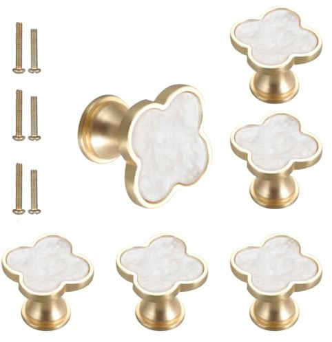 SSYHQAX 6 pcs Brass Four-Leaf Clover Knobs Handle,Gold Cabinet Knobs Cabinet Drawer Dresser Furniture Kitchen Wardrobe Bathroom Decorative Door Pulls Zinc Alloy Single Hole Handle(White)