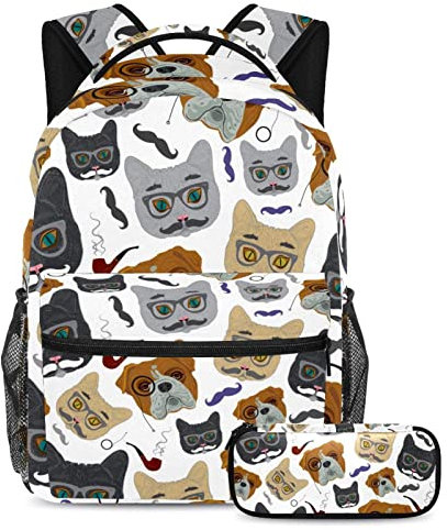 Rucksack mit Federmäppchen Schultasche Laptop Tagesrucksack Rucksack für Mädchen Junge Teenager lustige Katzen Hunde Kopf, mehrfarbig