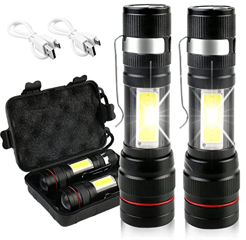 Linterna LED Recargable - 2Pcs 2000 Lúmenes Linternas Led Alta Potencia, COB Ajustable Portátil Linterna,Linterna Táctica de Aluminio con 4 Modos,IPX5 Linterna Led para exteriores camping senderismo