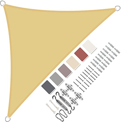Sonnensegel Dreieckig Wasserdicht im Viele Größe und Farben, mit Befestigungs Kit PES Polyester, Sonnenschutz 95% UV Schutz, Beige 1.6x1.6x2.3m, Reißfest Wetterfest für Terrasse Garten-