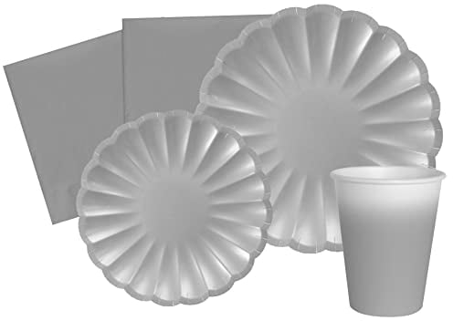 Ciao Kit Vajilla de Fiesta Flower Shape para 24 personas (112 pcs: 24 platos Ø23cm, 24 platos Ø18cm, 24 vasos 250ml, 40 servilletas 33x33cm) de papel compostable eco-friendly, plata