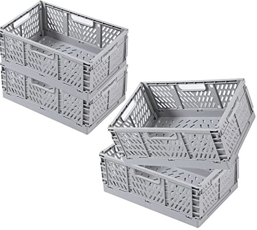 Klappboxen Faltbar Stabil, 4 Stück Klappboxen mit Tragegriff zum Einfachen Transport, 30,5 * 20,3 * 12,5 cm, Klappkiste Geeignet für Büro, Schlafzimmer, Badezimmer, Raum Aufgeräumt zu Halten, Grau