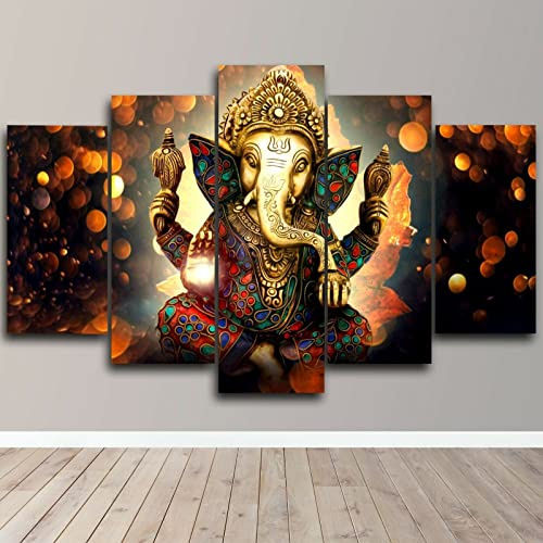 WAGYU Mit Rahmen Leinwandbild 5 TLG Kunstdruck,Bilder auf Leinwand 5 TLG Vlies Wandbild Lord Ganesha Bhagwan Shiva,Leinwand Gemälde XXL,Tapete,Puzzle,leinwanddrucke,5 Stücke Bilder,125x60cm