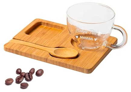 lotdevin Tasse transparente en verre - Mug personnalisé Gravure Laser pour prénom, message… [ Mugs et tasses à café ] (Mug en verre + Plateau de service)
