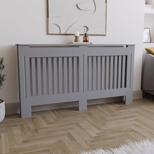 Vida Designs Chelsea Radiator Cover With Modern Slats Olive Grey Decorative Heater Cover with Shelf, Large, (H: 82 / W: 152 / D: 19 cm)