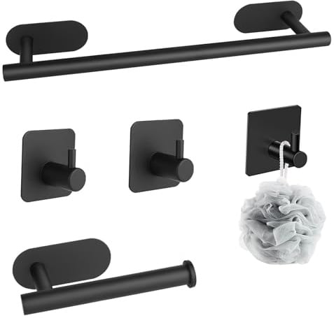 YUNYODA Juego de Toalleros de Baño Sin Taladro, 5PCS Accesorios Baño de Acero Inoxidable, Toallero Adhesivo Baño, Portarrollos para Papel, Gancho de Pared para Toallas, 40cm, Negro
