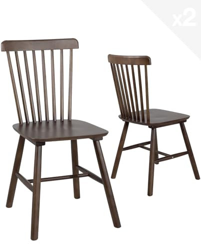 KAYELLES Lot de 2 chaises à barreaux bistrot café rétro Vintage Bois Massif Vernis Mona (Bois Teinte foncée)