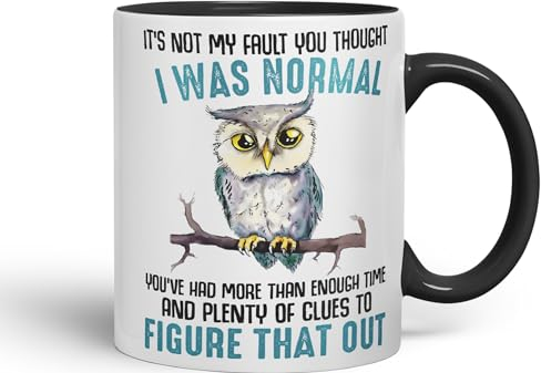 Vixar It's Not My Fault YouThought I was Normal, Owl Sarcastic Joke Ceramic Coloured Mug Cup for Tea Coffee Hot Brew 330ml 11Oz (Black)