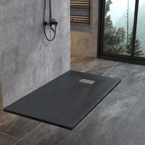 WITEN&NOCK SMC Duschwanne 160x80cm schwarz Brausewanne Duschtasse extra flache Steinoptik Antirutsch inkl. Abdeckung und Ablaufgarnitur Ø90mm Siphon