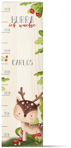 GRAVURZEILE Messlatte für Kinder aus Holz - Tiergruppe Wald - mit Namen für Kinderzimmer - Skala misst 80-140 cm - Größe 20 x 70 x 2 cm - Geschenk zur Geburt für Mädchen & Jungen - Reh
