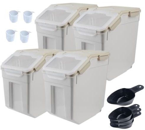 Mairuker Large Flour Storage Container Bin 25lb,4 Pack Airtight Rice Storage Containers with Wheels Seal Locking Lid BPA Free with Measuring Cup,Scoop for Flour, Rice, Grain, Dry Food - Grey