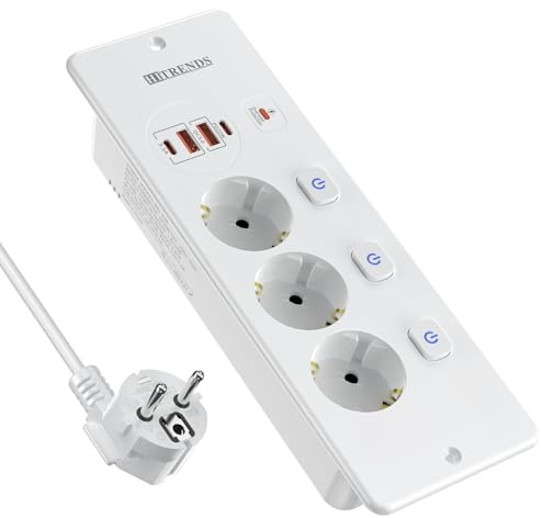 Prise encastrable Triple avec USB-C PD 20W | Barrette avec interrupteurs individuels | pour Plateaux de Bureau et Tables de réunion | Câble 2m (3x1.0mm²) | Blanc