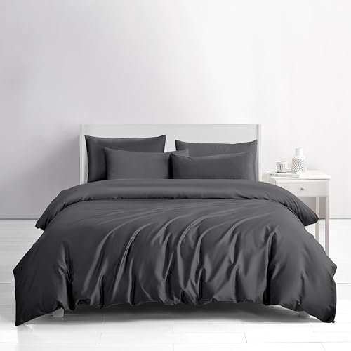 FIREYA Premium Bettwäsche 200x200-100% Baumwolle Satin - ÖKO-Tex Zertifiziert - Bettbezug-Set Decke Kissen Bezug Cover Bett Deckenbezug Bedding Duvet Weich Einfarbig Anthrazit Grau
