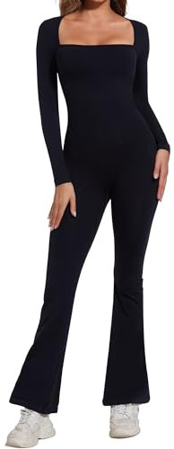 SHAPERIN Flare Jumpsuits Women Shapewear One Piece Jumpsuit Ribbed Long Sleeve Rompers Unitards Yoga Playsuits Square Neck Black-Long Sleeve L