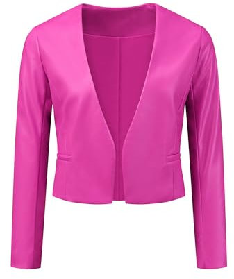 Allegra K Blazer court en similicuir pour vestes de motard en polyuréthane sans col ouvert sur le devant pour femme Rose Vif XL