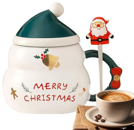 Christmas Mug, Christmas Mug 500ml Ceramic Coffee Cup with Christmas Hat Lid and Spoon for Tea, Coffee, Latte, Hot Chocolate, and More
