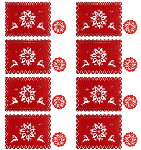 Set de Table de Noël Rouge Hillylolly Set de Table Noël Lavable, Set de Table Motif Noel, Lot Set de Table Noel, Feutre, Rouge, Incluant 8 Sets de Table(40x30 cm)+8 sous-Verres (10x10 cm)