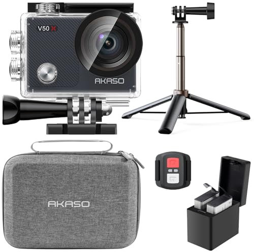 AKASO V50 X Action Camera Selfie Stick Bundle - Includes V50 X 4K Underwater Camera, Selfie Stick, 2 Batteries, Carrying Case, and Accessories Kit