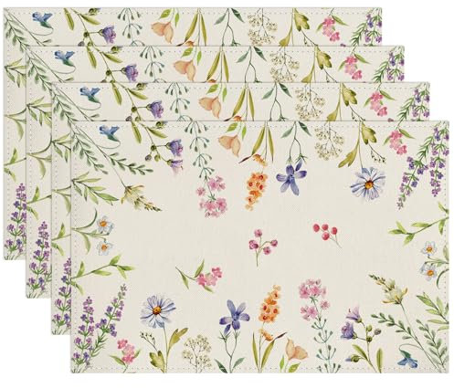Blumen Pflanzen Platzsets 4er Set Frühling Gänseblümchen Lavendel Tischsets Waschbar Platzdeckchen 30x45cm Dekor für Küche, Restaurant, Bauernhaus, Urlaub, Party