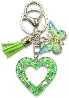 Winmany Porte-clés en résine en forme de cœur avec pampille et papillon creux - Joli pendentif - Porte-clés pour sac à dos, sac à main, Saint-Valentin - Accessoires pour femmes et filles, Vert,