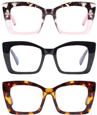 Generisch 3 Stück Übergröße Stilvoll Lesebrillen 1,0 für Damen, Große Modische Leser Brille, Gross Quadratische Anti Blaulicht Computerleser mit Federscharnieren