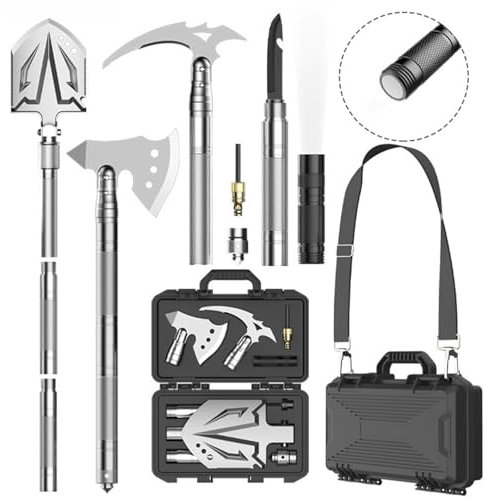 Pelle de Camping Hache Militaire Pelle de Survie Pliable à 180 degrés avec pic Multifonction 16 en 1 pour randonnée en Plein air Chasse expédition pelletage de Neige Jardinage kit de Voiture