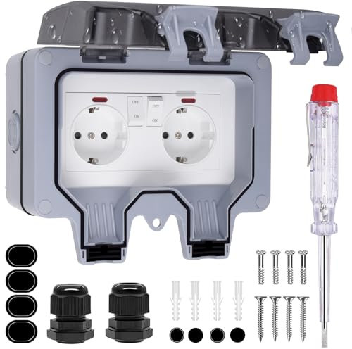 Enchufe Exterior Estanco IP66 - Enchufe Exterior Pared con Interruptor Indicador luminoso Tapa Abatible Toma de Corriente Enchufe Superficie para Jardín Terraza Patio Sótano Garaje Piscina Casa