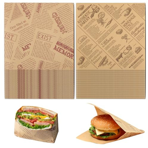 170 Fogli Sacchetti Carta per AlimentiCarta Hamburger, Carta per Gastronomia, Carta da Forno in Stile Giornale per Panini, Snack, Torte, Hot Dog, Patatine Fritte (15 x 15 cm)