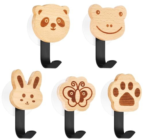 FeiOne 5 Stück Kleiderhaken kinder, Holzkleiderhaken für Kinder in Tierform, für Kinderzimmer, Kleiderhaken mit Buche, sanfte und elegante Farben, Ideal für Mäntel, Hüte und Taschen