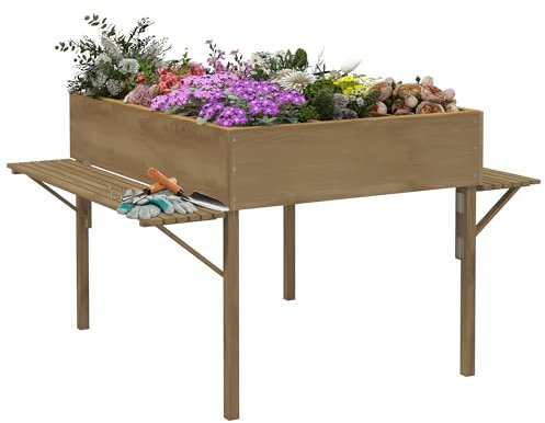 Outsunny Jardinière rectangulaire sur Pieds avec tablettes rabattables latérales, Potager surélevé avec 12 Compartiments, Film Tissu Non-tissé Inclus, 122 x 91,5 x 89 cm, Marron