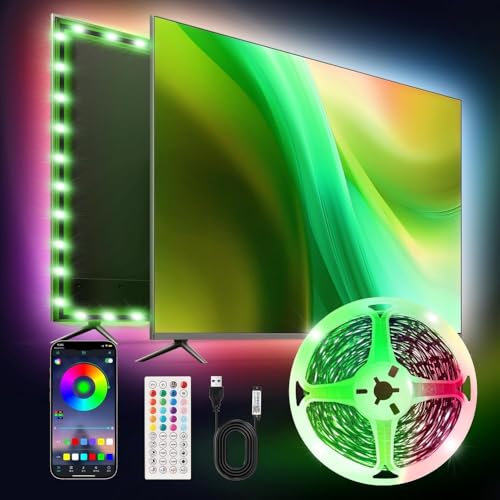 HEXJOSGL LED Licht für Fernseher, 3m LED Streifen Licht für 32-45 Zoll TV, RGB TV Hintergrundbeleuchtung, mit Musik Sync Bluetooth APP & Fernbedienung, 5V USB Streifen Licht für Heimkino