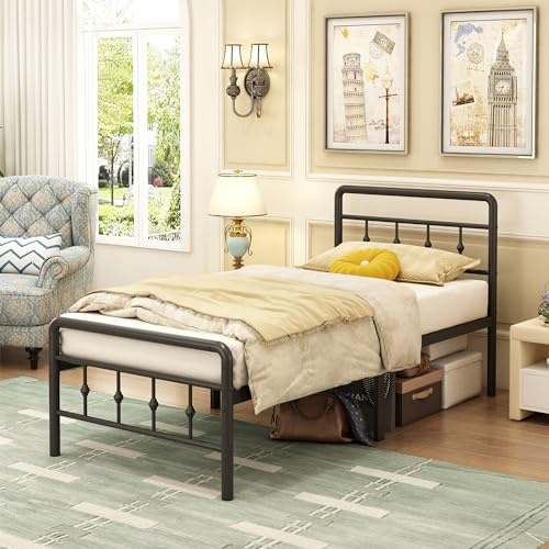 EMODA Metallbett 80 x 190 cm mit Viktorianischem Kopfteil, Schwarz | Metal Slat Support, Vintage-Stil, Passende Fußplatte, 40 cm Unterbodendurchsicht, Einfache Montage, Geräuschfrei