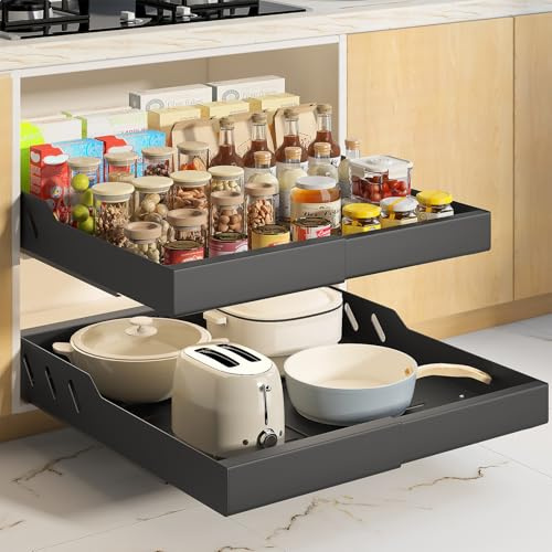 Mointal 2 Stück Große Küche Ausziehbare Schublade, Teleskopschublade, Metallschrank-Schubladenorganizer, Einstellbare Breite 32-53 cm & Tiefe 53 cm, Bad & Wohnzimmer, Schraub-/Klebemontage, Schwarz