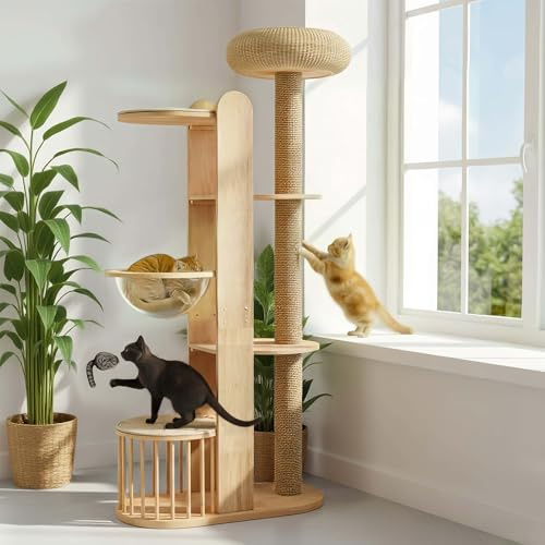 Katzenkratzbaum Groß 190cm - Holzbasiert Kratzbaum mit Hochwertiger Sisal Seil Säule, DREI Ebenen zum Springen, Einem Großem Geflochtenen Nest und 3 Plattformen, Cat Tree