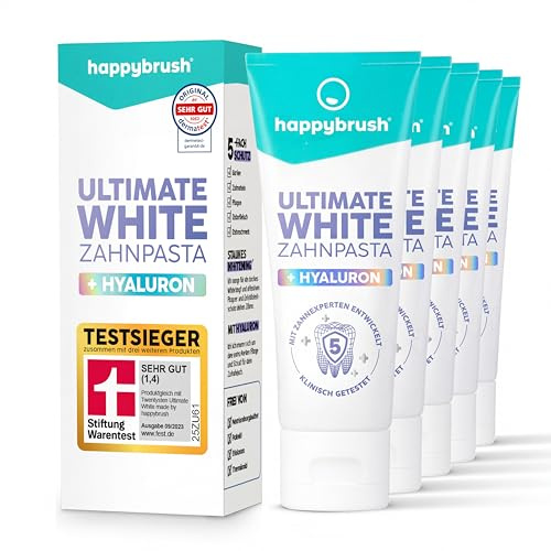 happybrush Vegane Zahnpasta Ultimate White mit Spearmint-Geschmack - Whitening Zahnpasta für weisse Zähne - Vorratspack (5 x 75ml)