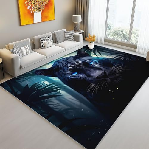 Generisch Teppich FüR Wohnzimmer & Schlafzimmer, Fantasie Abstrakt Wald Schwarzer Panther Muster Kurzflor Teppiche - Hochwertig Pflegeleicht Langlebig Modernes Design Teppich Schwarz, 120 x 160 cm