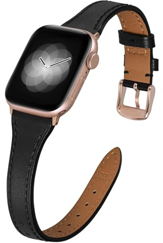 MABEKS Slim Watch Band, Top Grain Leather Bands for Women, Compatible with Apple Watch Series 11 10 9 8 7 6 5 4 3 2 1 SE, Rose Gold Buckle (Size: 38mm 40mm 41mm 42mm; Color: Black)