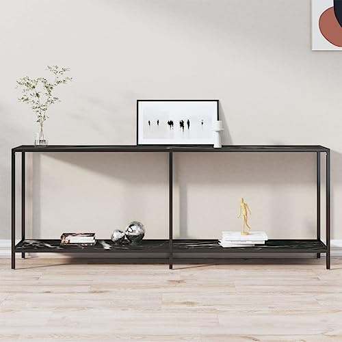 Vanitopaz Table console noire avec verre trempé 200 x 35 x 75,5 cm, acier revêtu par pulvérisation, table de rangement avec espace de rangement, peu encombrante pour couloir, salon, bureau et chambre
