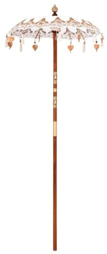 LKJephalotrop Sombrilla balinesa crema 125 x 125 x 260 cm, sombrilla redonda de jardín de algodón y bambú con borlas y campanas, sombrilla de madera para terraza y jardín
