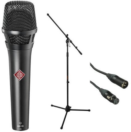 Neumann KMS 105 – Live micrófono de condensador Vocal (negro) con XLR cable y soporte para micrófono