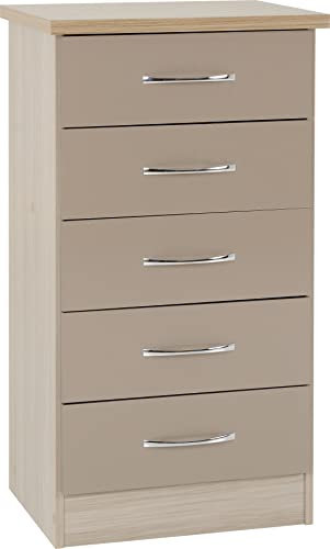 Seconique Nevada 5 Drawer Narrow Chest in Oyster Gloss/Light Oak Effect Veneer
