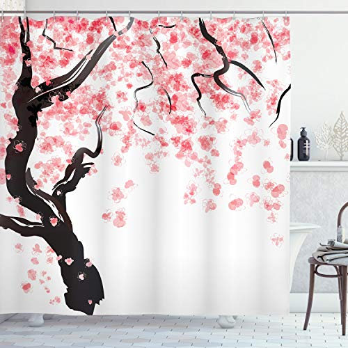 ABAKUHAUS japanisch Duschvorhang, Kirschblütenbaum, Stoffliches Gewebe Badezimmerdekorationsset mit Haken, 175 x 220 cm, Schwarz Rosa