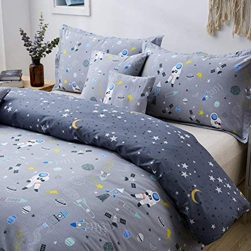 Brandream Jungen Weltraum Astronaut Bettwäsche Kinder Bettwäsche Sets Twin Size Grau 100% Baumwolle Bettbezug Sets Reversible Reißverschluss