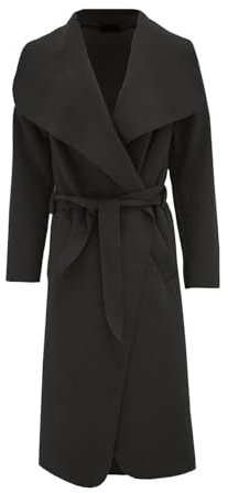 REAL LIFE FASHION LTD Womens Long Sleeves Long French Belted Trench Waterfall Duster Coat#(Black Plain Duster Coat#UK 20-22#Womens)