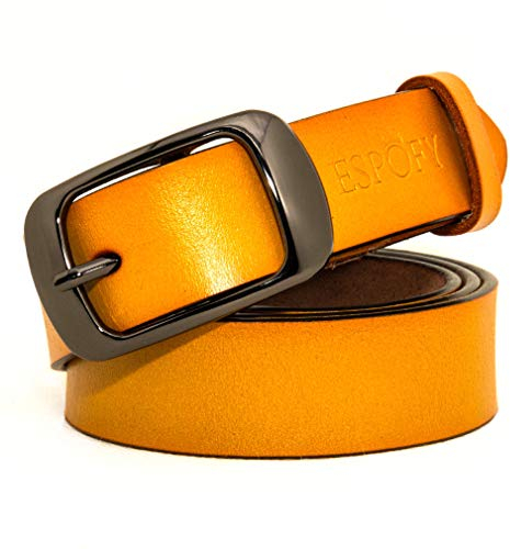 Ceinture pour femmes Ceinture en cuir véritable avec boucle en alliage à une broche Jaune (115cm)