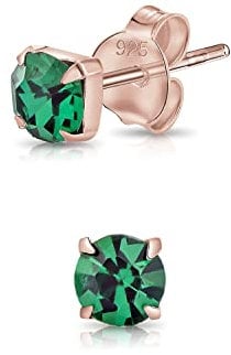 DTPsilver® 925 Sterling Silver Rose Gold Plated SMALL Square Stud Earrings made with Round Glittering Crystals from Swarovski® Elements - Diameter: 4 mm - Colour : Green Emerald