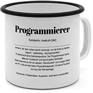 Emaille-Tasse mit Definition Programmierer - Tasse mit Spruch, Wörterbuchtasse, Geschenktasse, witzig, Kaffeebecher, Becher, Tasse, Becher - Farbe Weiß/Schwarz